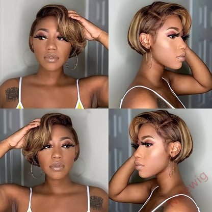Glueless Short Wig Brown Mixed Gold Bob Straight Pixie Cut Hair