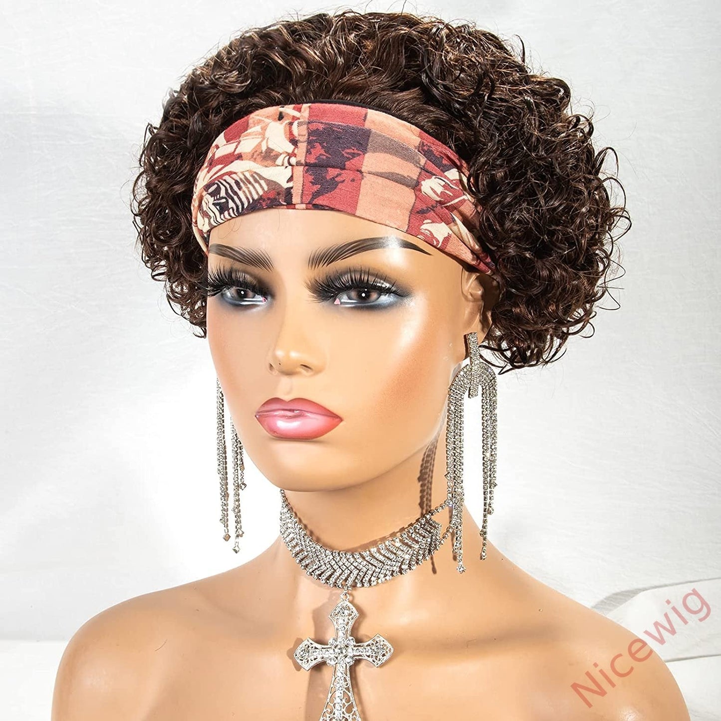 Brown Short Curly Hair Headband Bob Wig