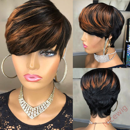 Glueless Black Gold Straight Hair Short Pixe Cut Wig