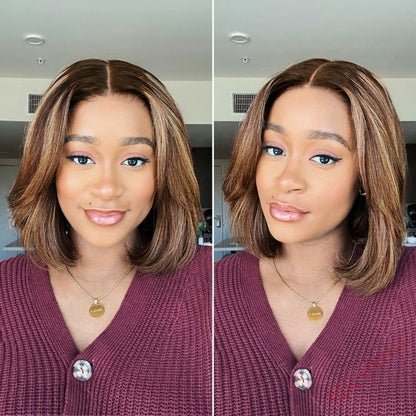 New Glueless Short Bob Hair Brown mixed Blonde Wavy Wig