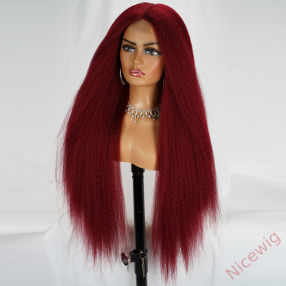 Glueless Wine Red Kinky straight 200% density brazilian Yaki Wig